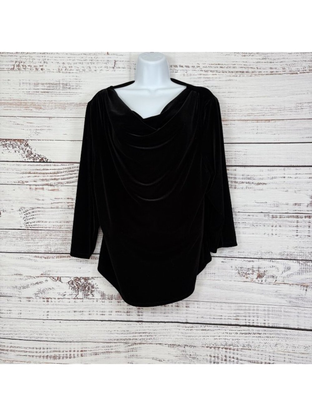 Coldwater Creek Black Velour Pullover Cowl Neck 3/4 Sleeve Top